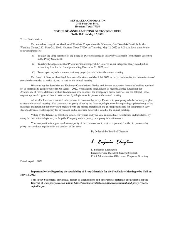Westlake Chemical 2022 Proxy Report